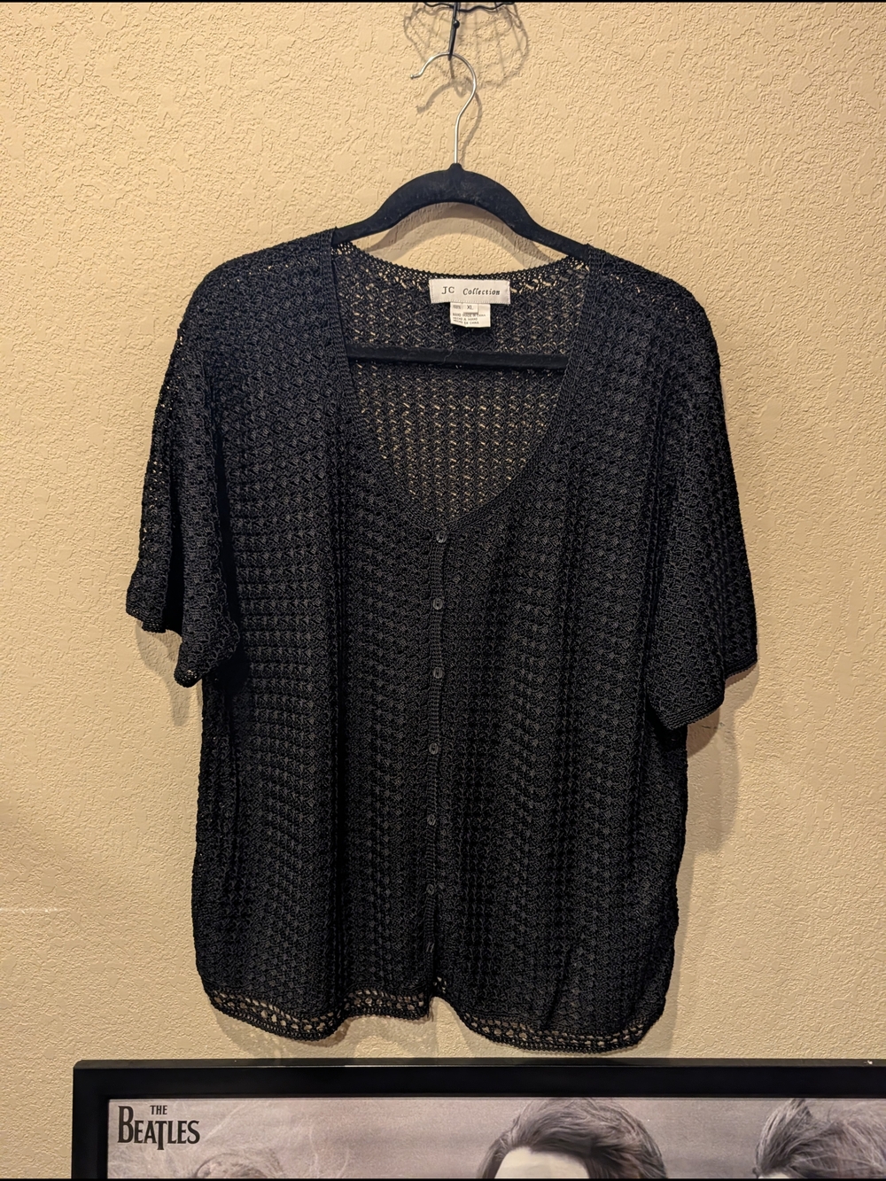 JC COLLECTION Black Open-Knit Button-Front Women's Top Rayon Boho